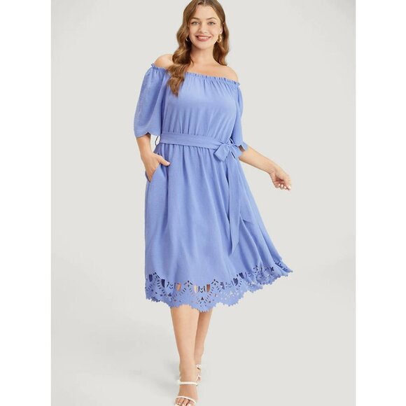 NWT BloomChic Blue Laser Cut Pocket Belted Frill Trim Off Shoulder Dress 12/L - Picture 3 of 12